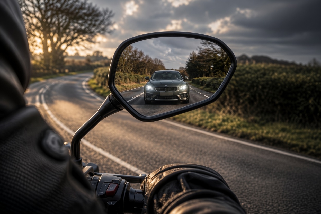 A Car Tailgating A Motorcycle