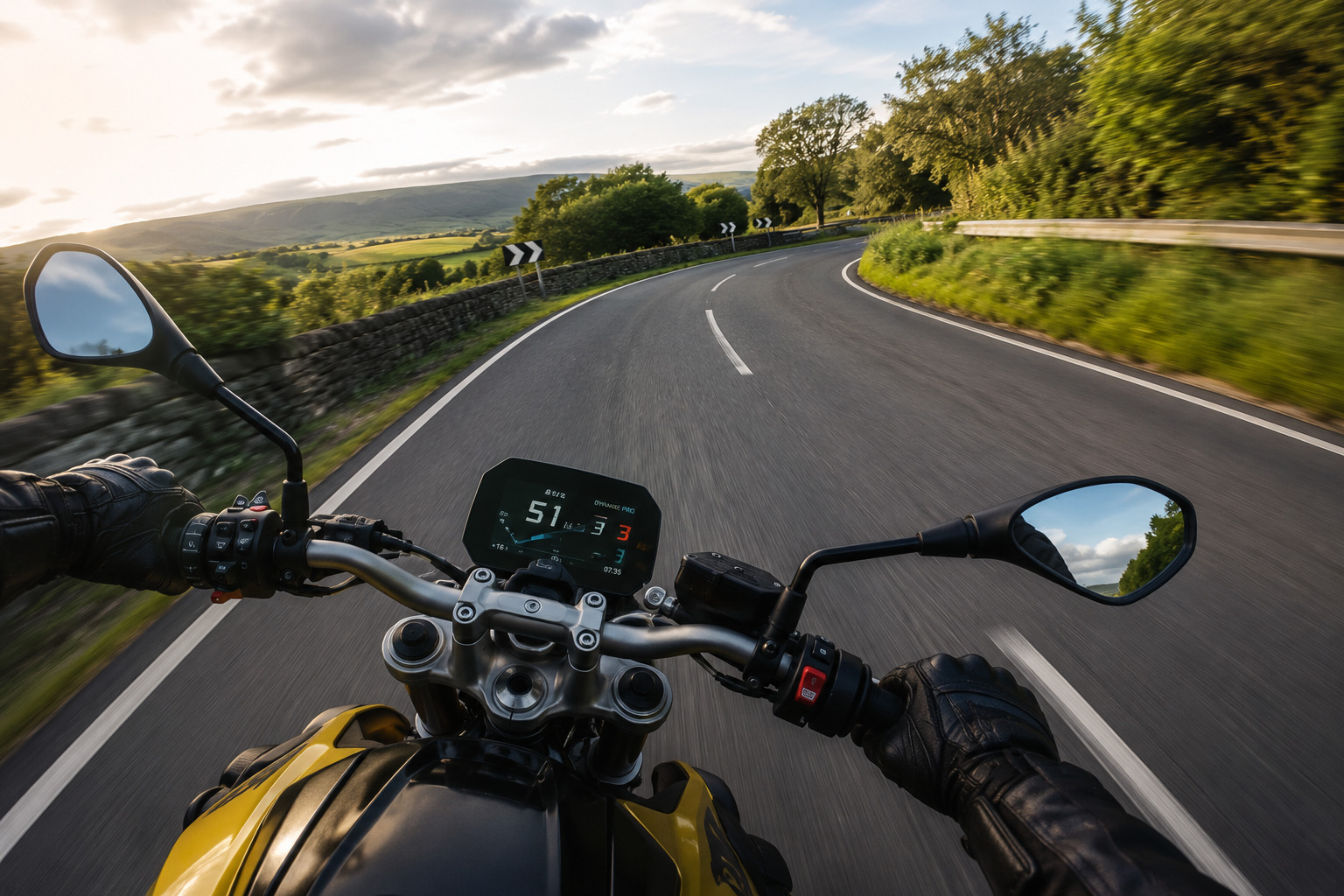 Motorcycle corning round a right hand bend