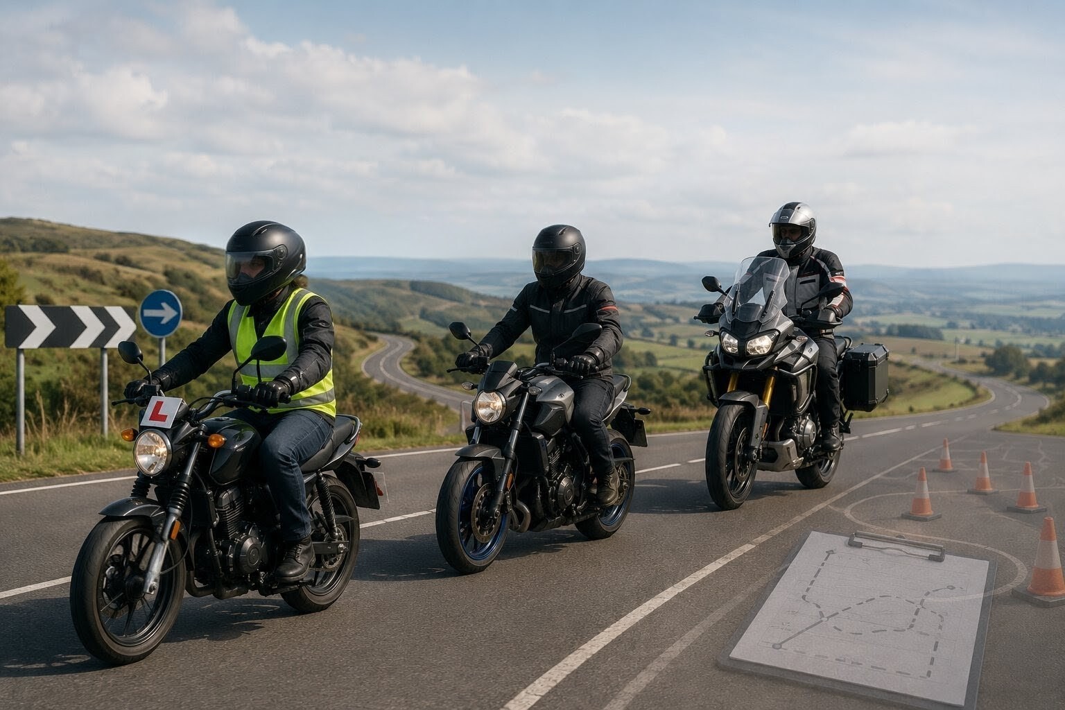 Three different size motorcycles