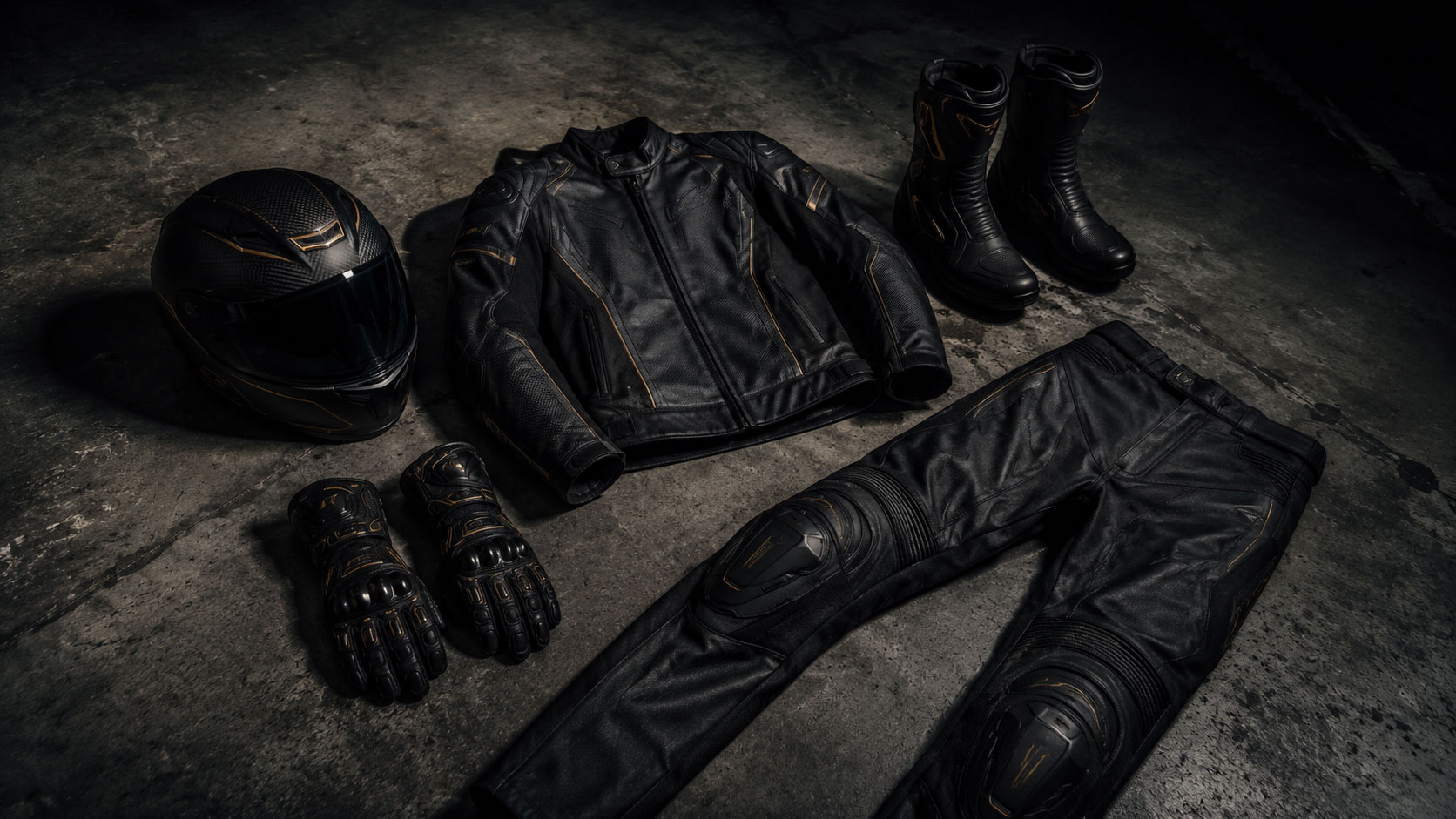 Rider gear laid out on the floor