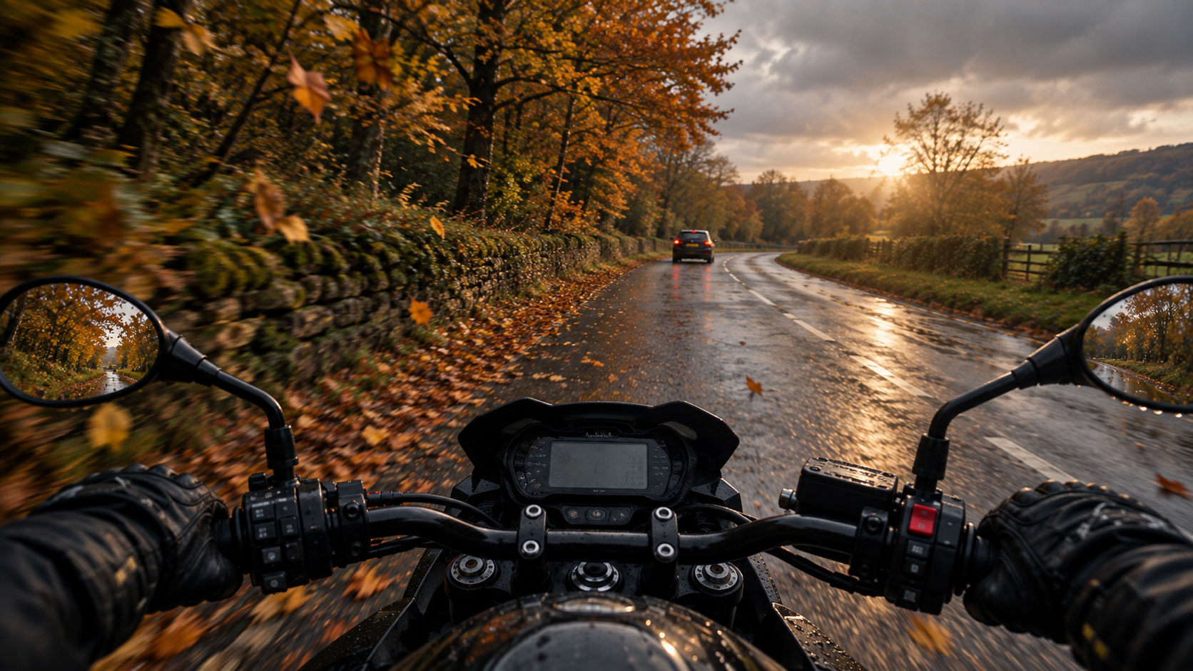 A motorcycle travelling on an autumn road