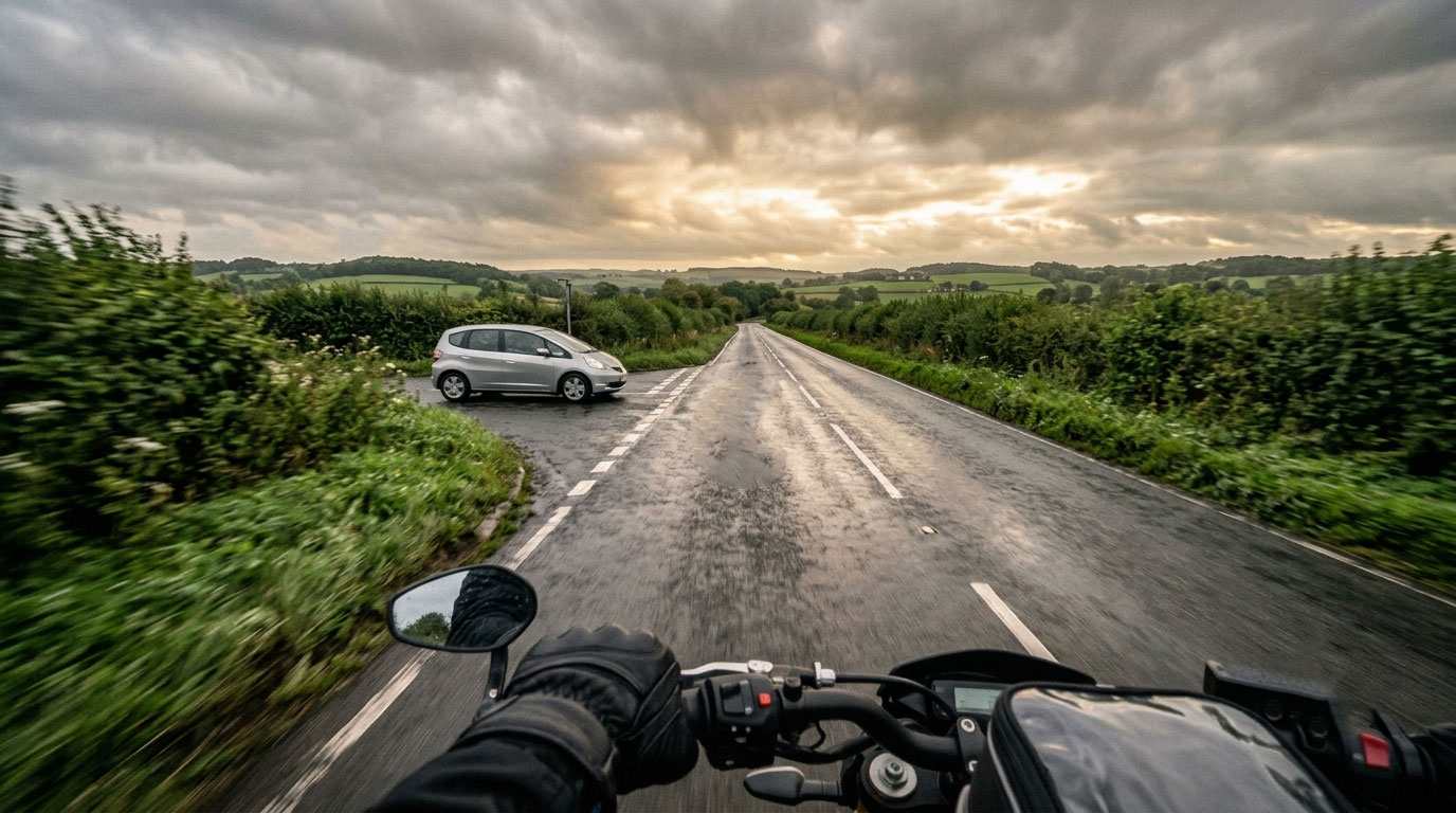 A motorcycle approaching a junction