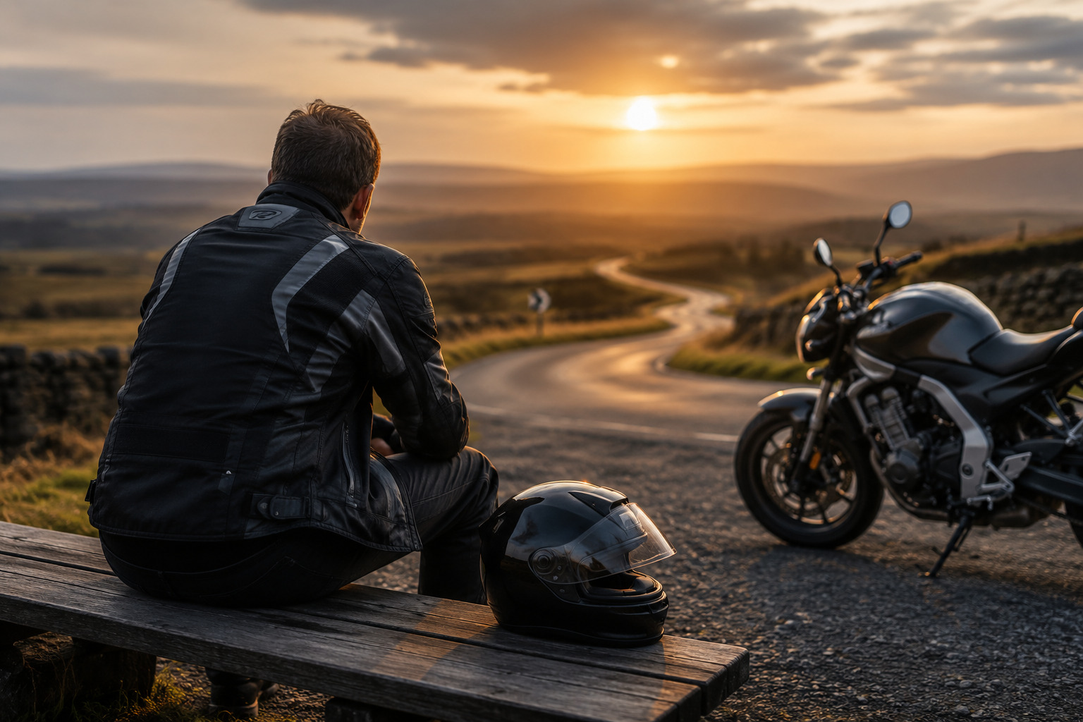 Motorcyclist sat looking out at the sky
