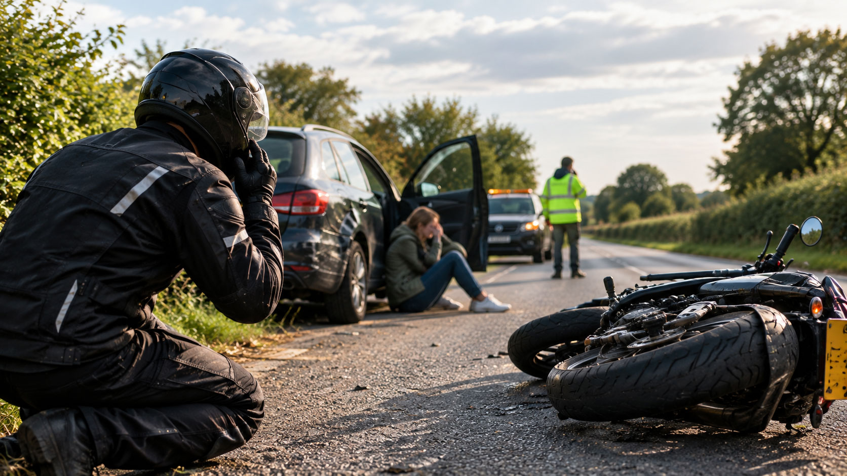 A scene depicting a motorcyclist having been knocked off