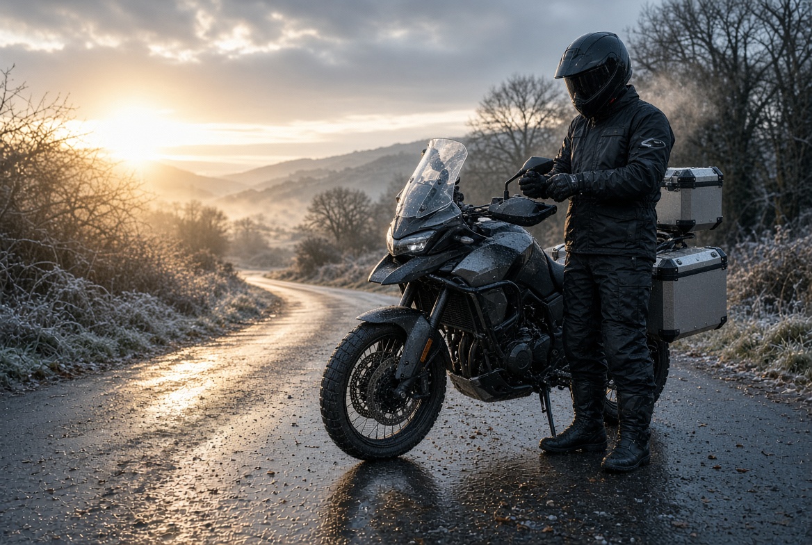 A Motorcycle parked up on a winter road