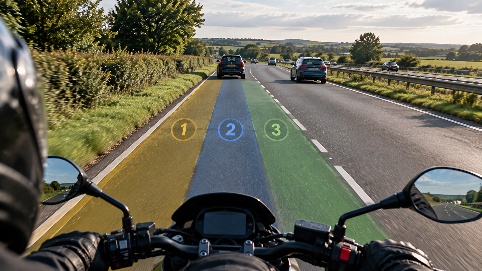 An image depicting a motorcycle and the positions 1,2 and 3 of our lane