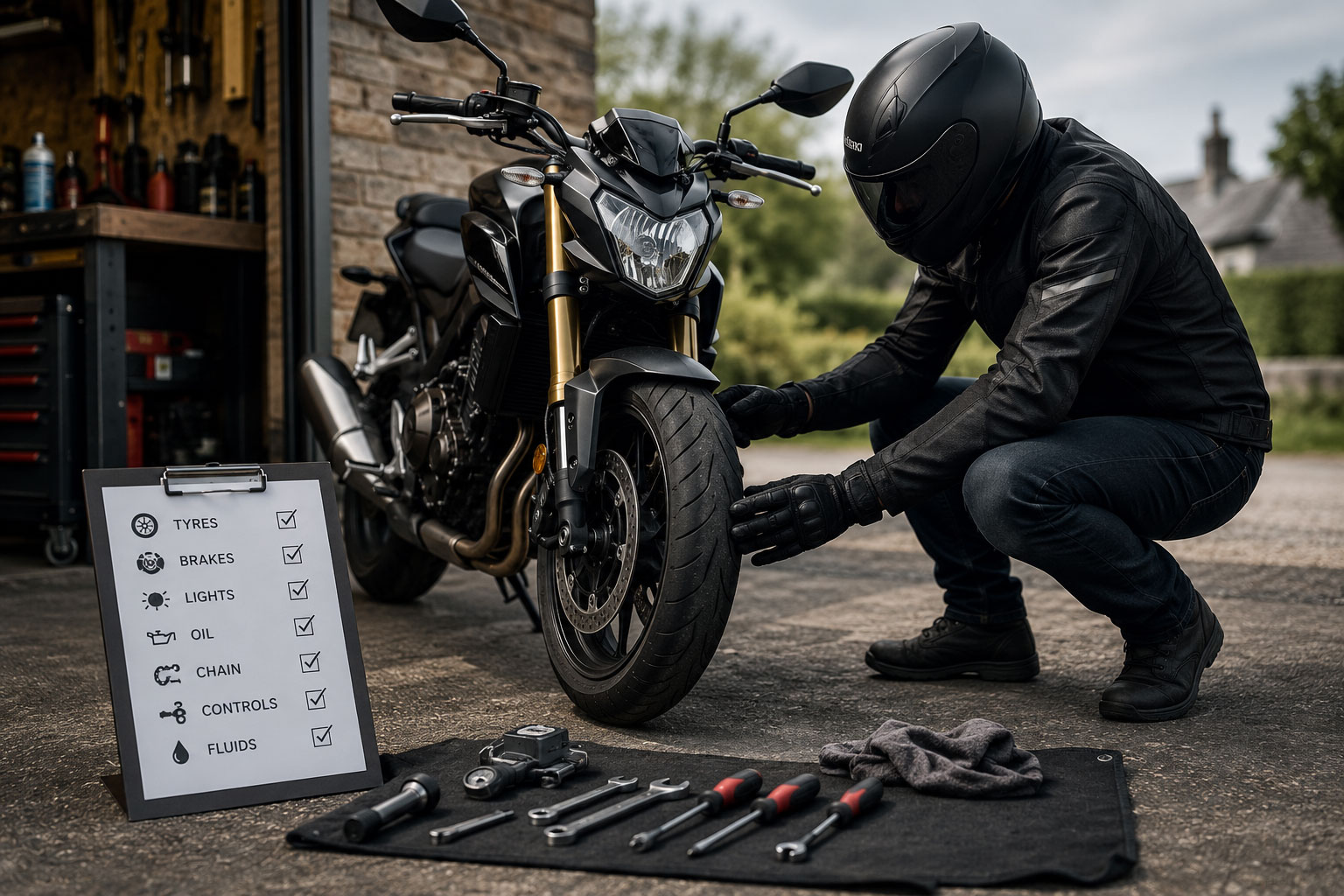 A motorcyclist maintaining their bike outside the garage, there are tools on the floow