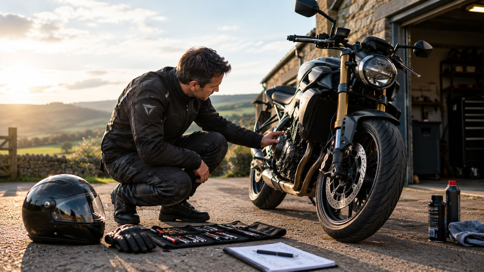 A rider checking out a motorcycle