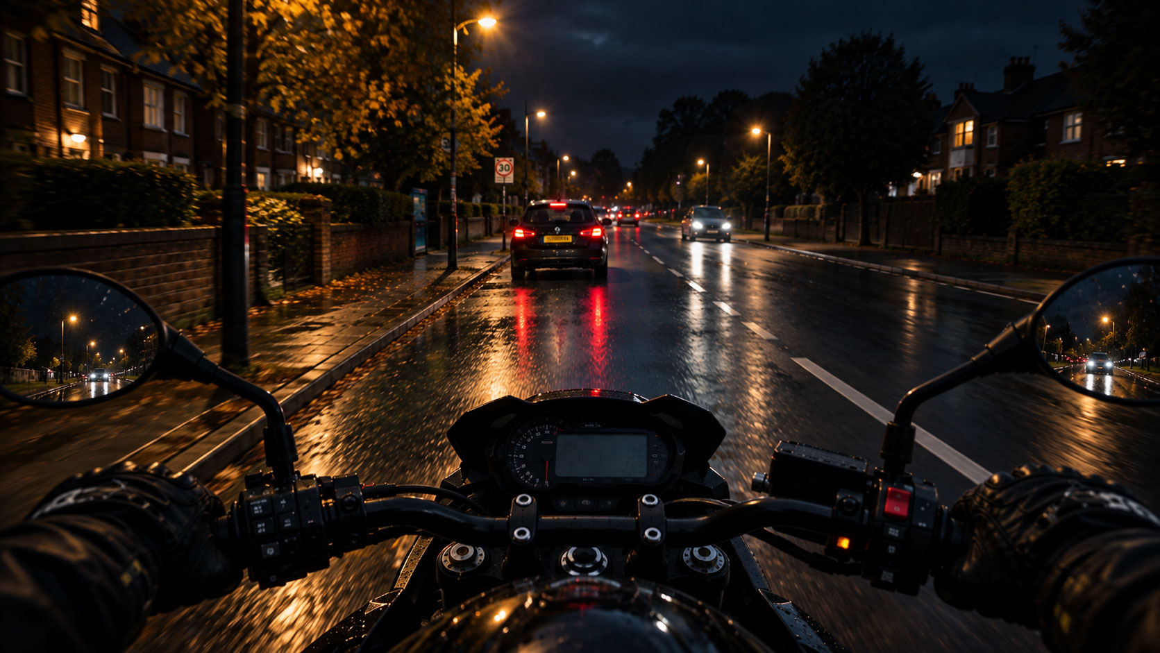 A motorcyclist riding at night through a town