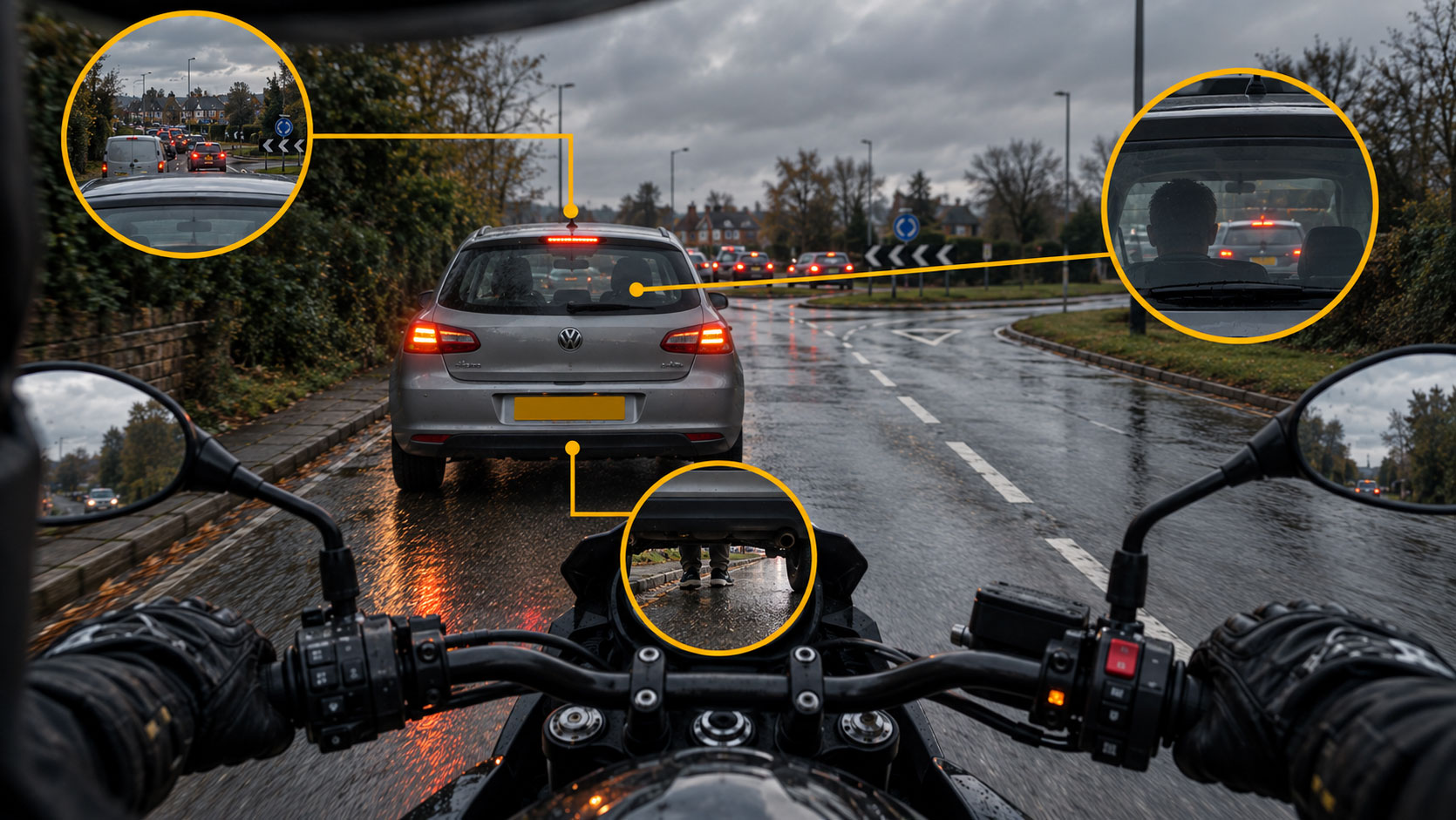 Over, Under, Through, a motorcycle with elements highlighted where to look on the road