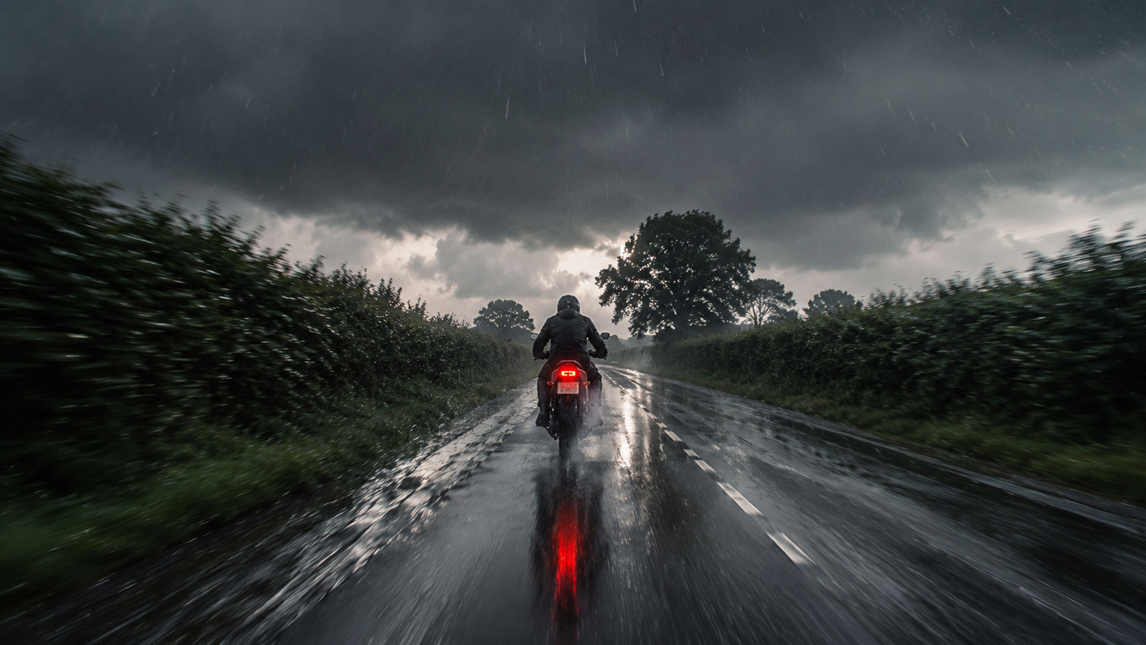 A motorcyclists riding in the rain