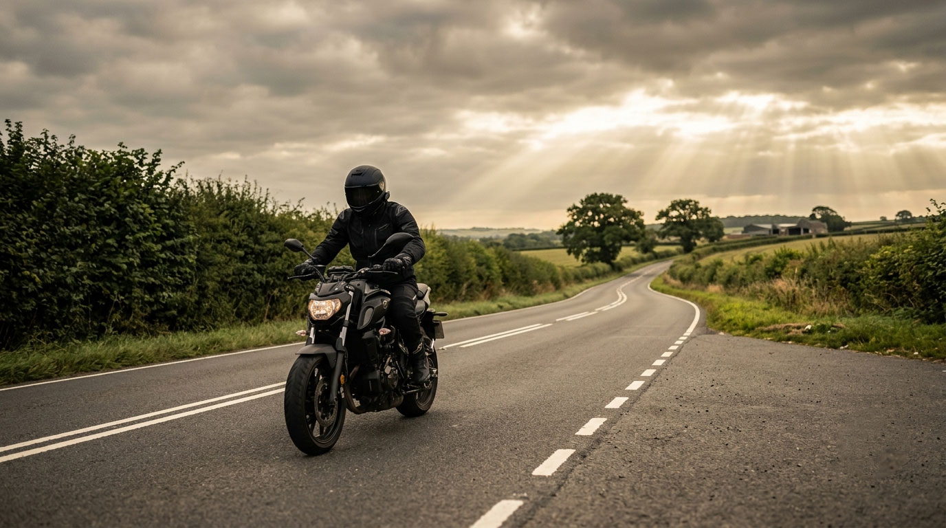 A motorcycle, alone, travelling down a UK road